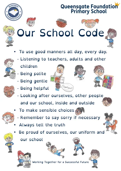 Our School Code poster featuring cartoon children; promotes good manners, listening, politeness, gentleness, helpfulness, looking after others, honesty, and pride.